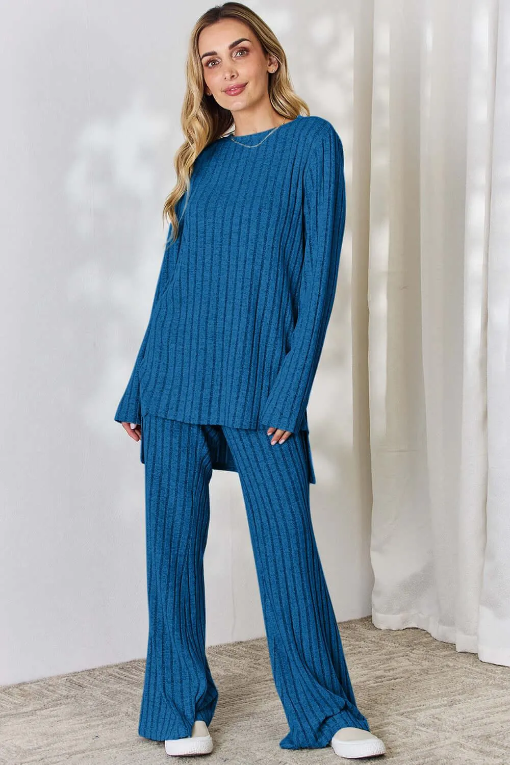 Full Size Ribbed High-Low Top & Wide Leg Pants Set