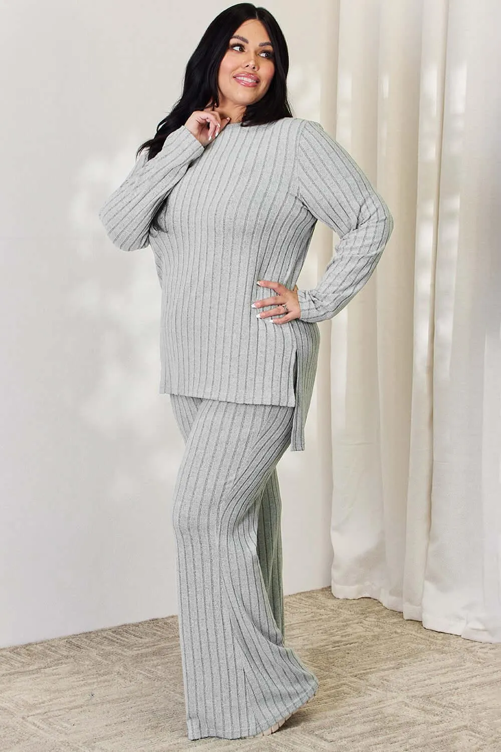 Full Size Ribbed High-Low Top & Wide Leg Pants Set
