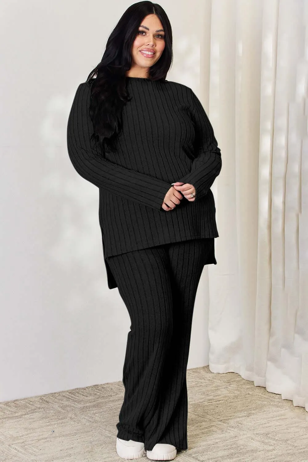 Full Size Ribbed High-Low Top & Wide Leg Pants Set