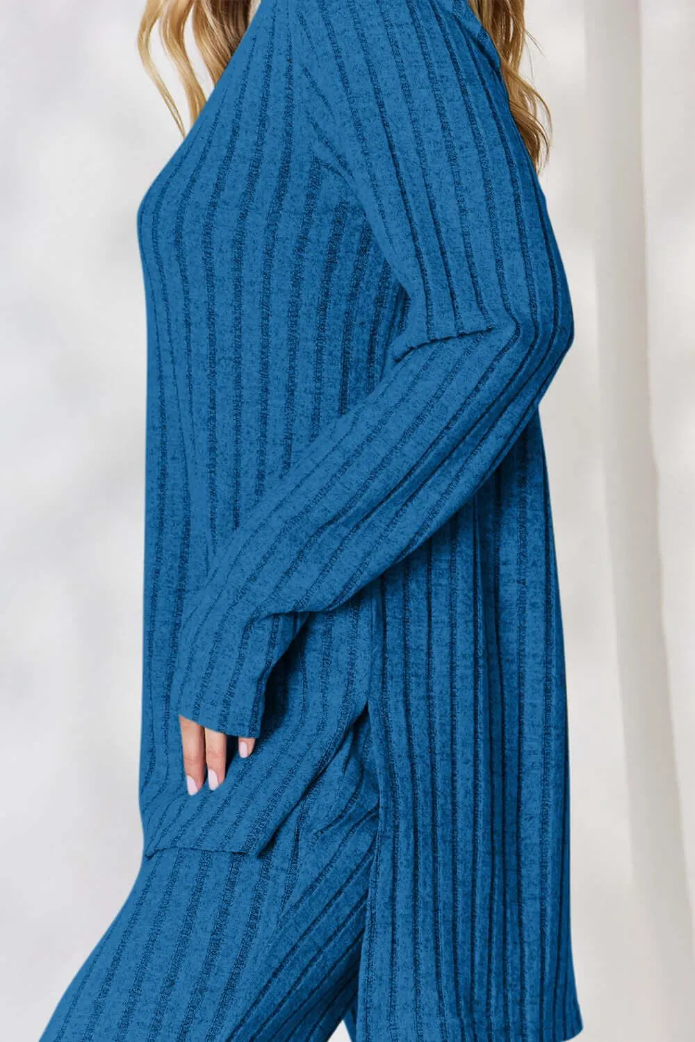 Full Size Ribbed High-Low Top & Wide Leg Pants Set