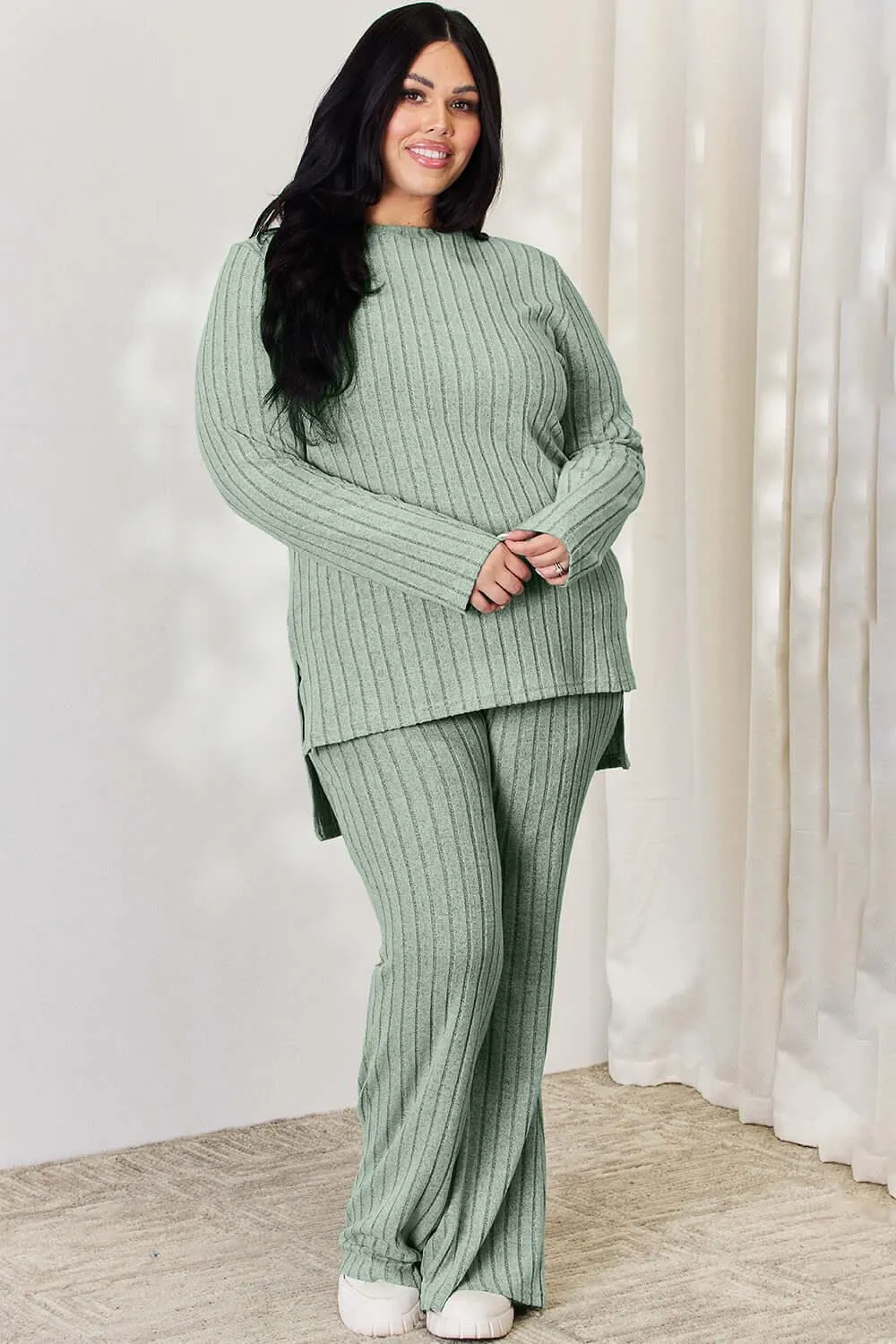 Full Size Ribbed High-Low Top & Wide Leg Pants Set