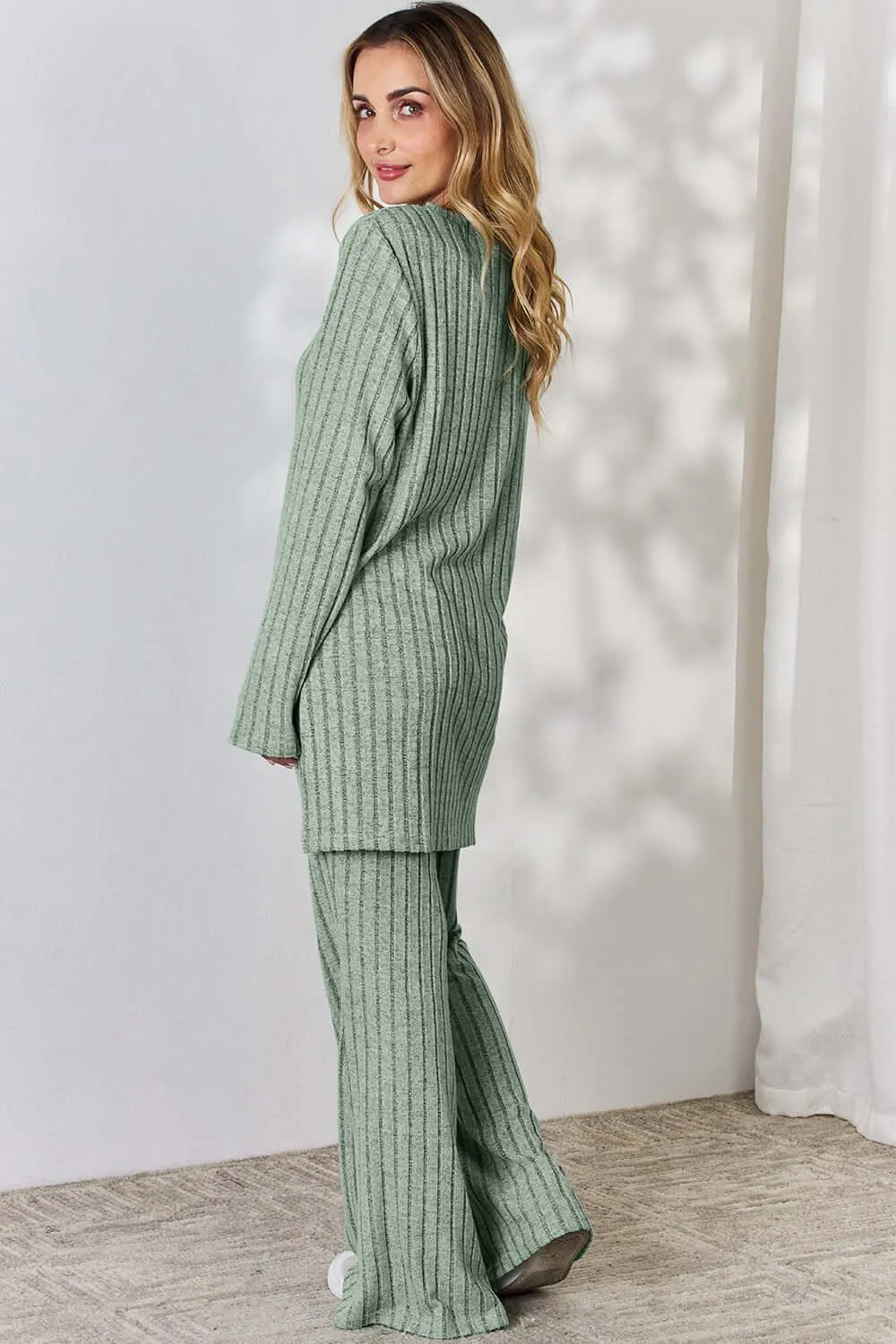 Full Size Ribbed High-Low Top & Wide Leg Pants Set