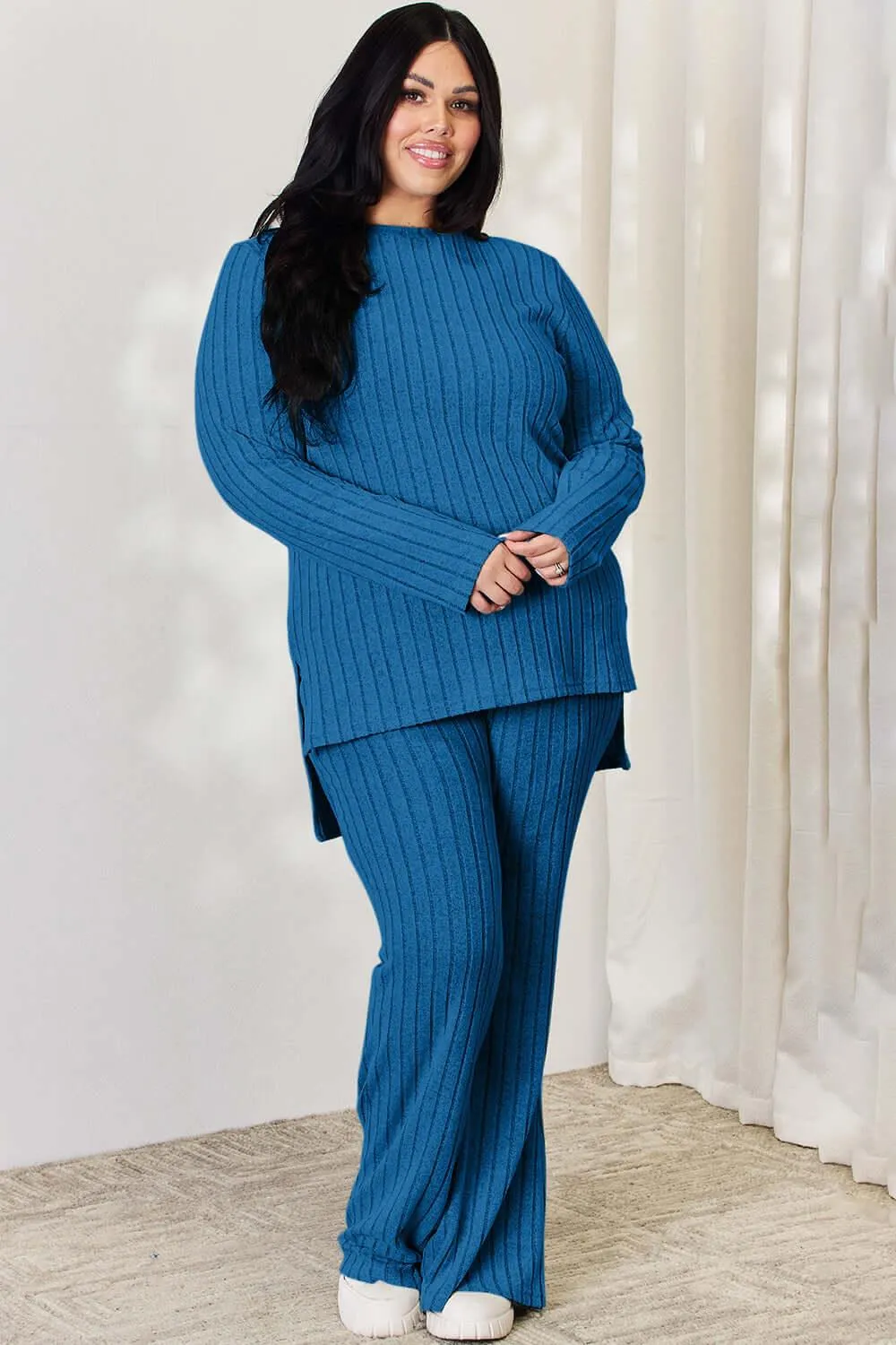 Full Size Ribbed High-Low Top & Wide Leg Pants Set