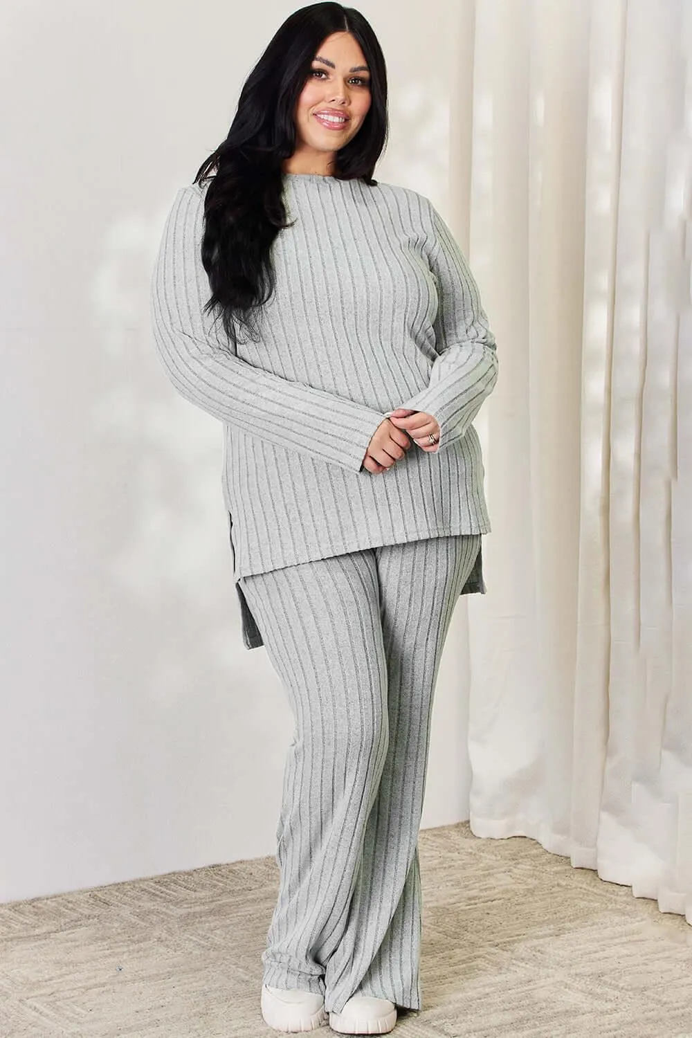 Full Size Ribbed High-Low Top & Wide Leg Pants Set