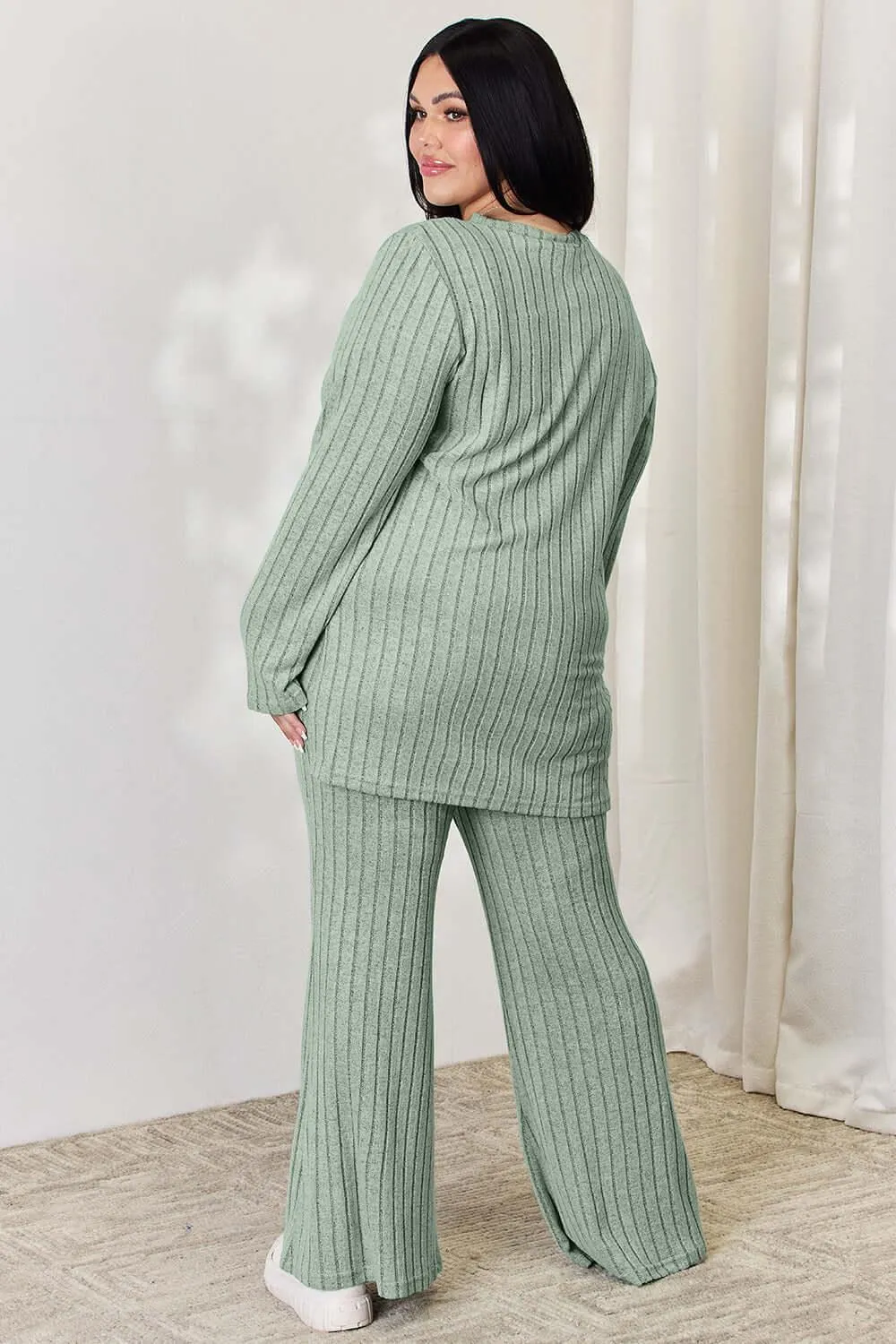Full Size Ribbed High-Low Top & Wide Leg Pants Set