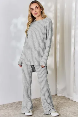Full Size Ribbed High-Low Top & Wide Leg Pants Set