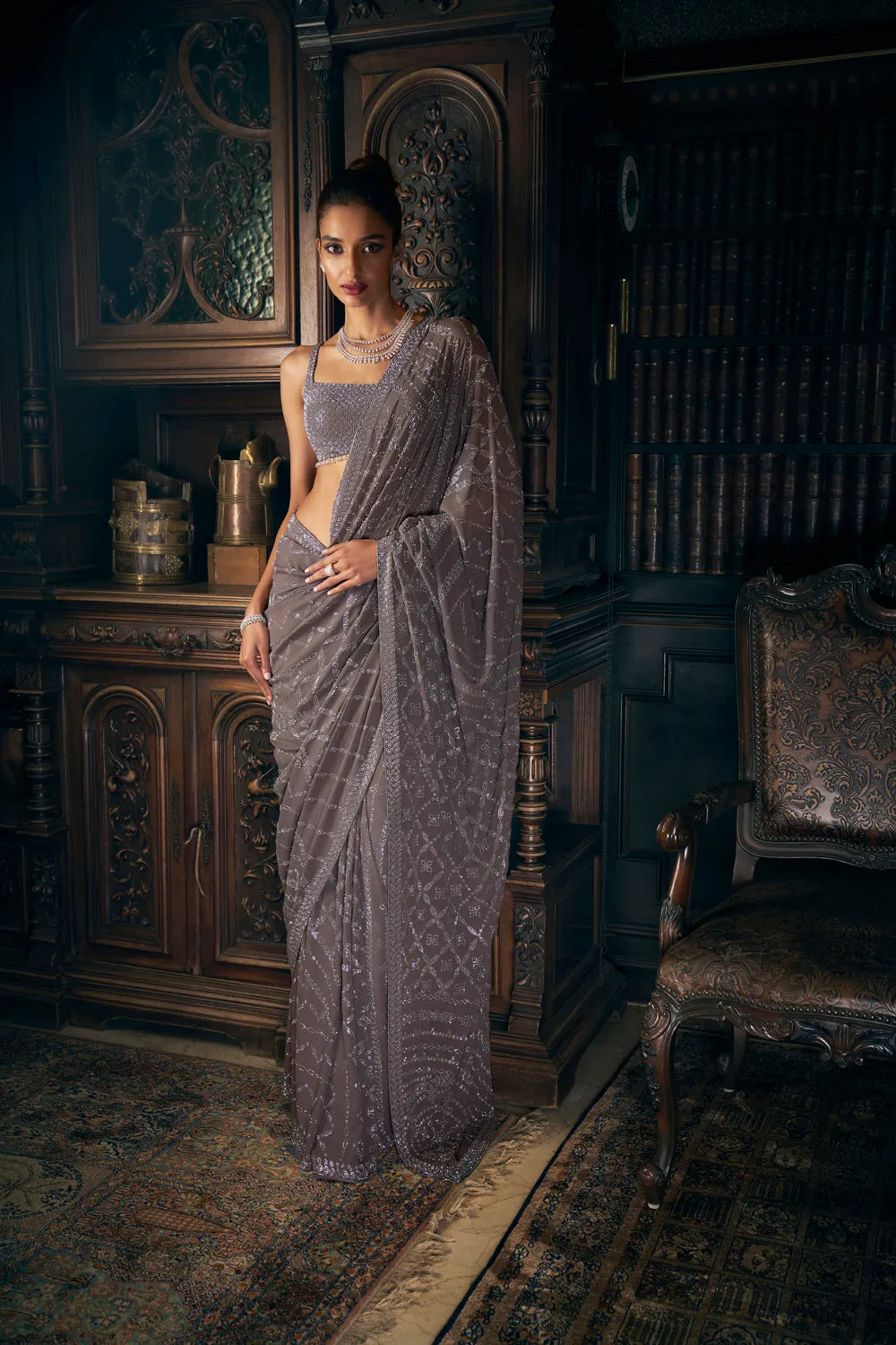 Grey Crystal Saree
