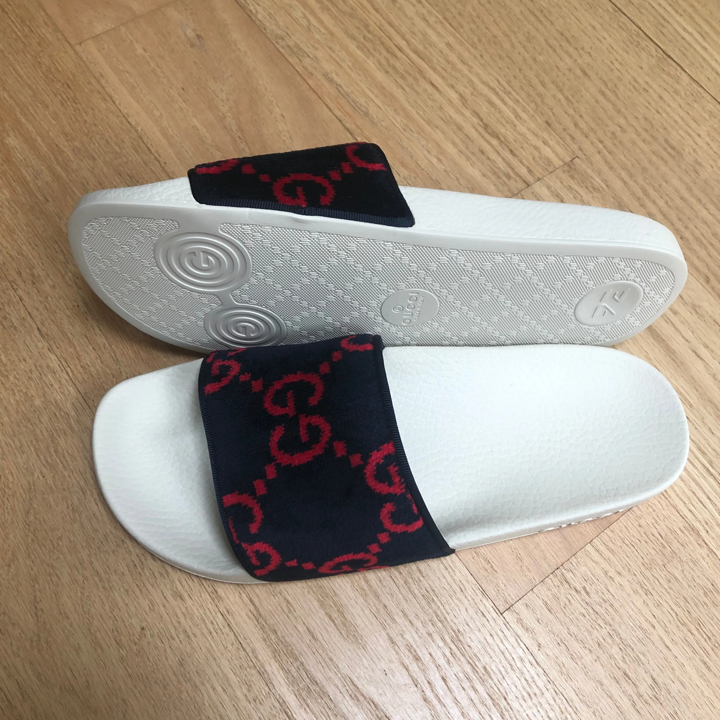 Gucci GG Monogram Velvet Slides in Navy and Red