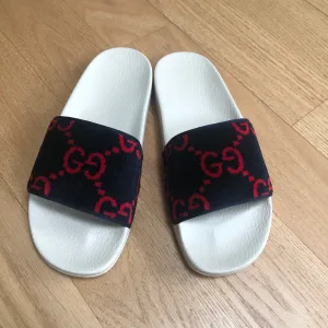 Gucci GG Monogram Velvet Slides in Navy and Red
