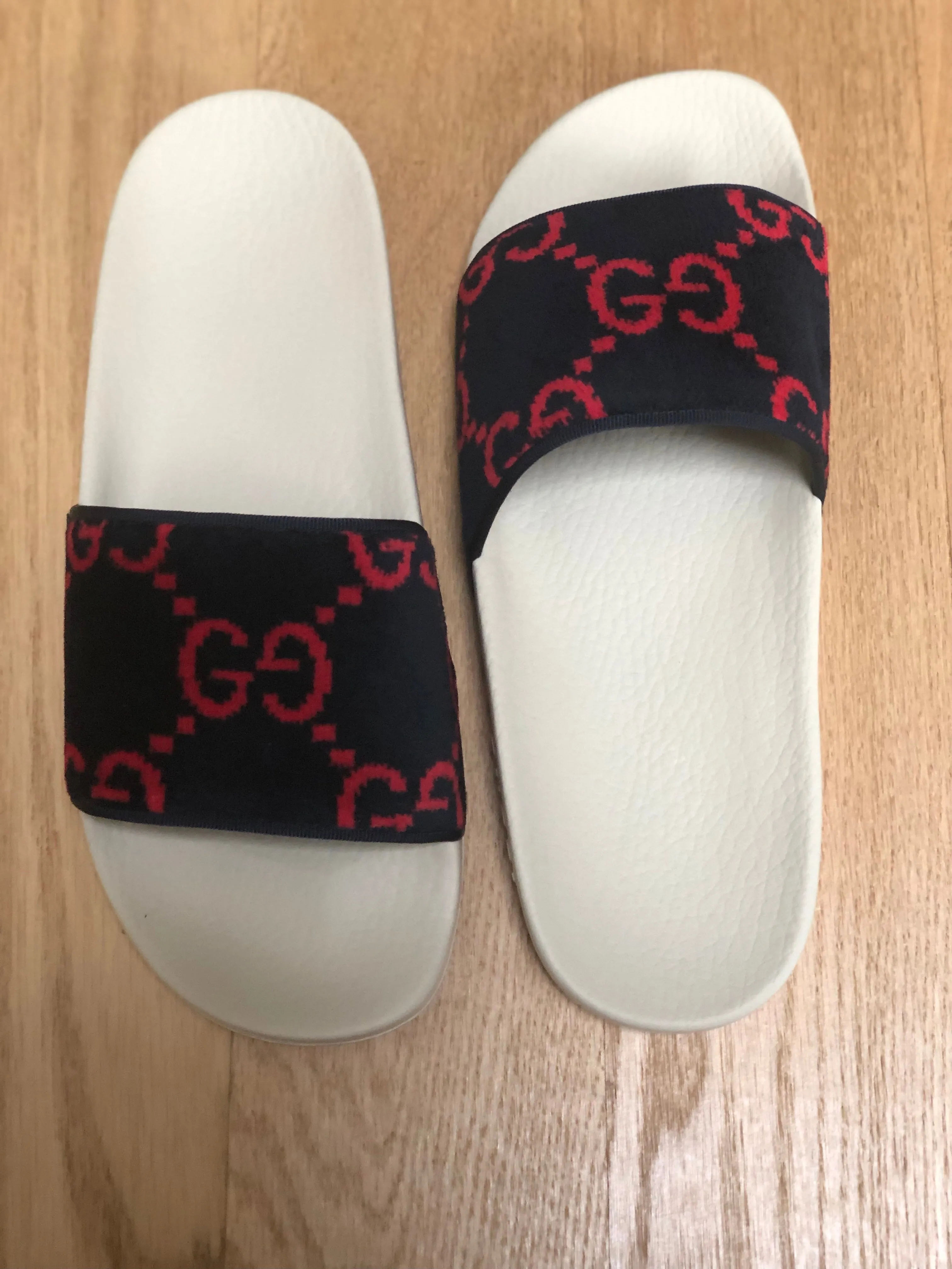 Gucci GG Monogram Velvet Slides in Navy and Red