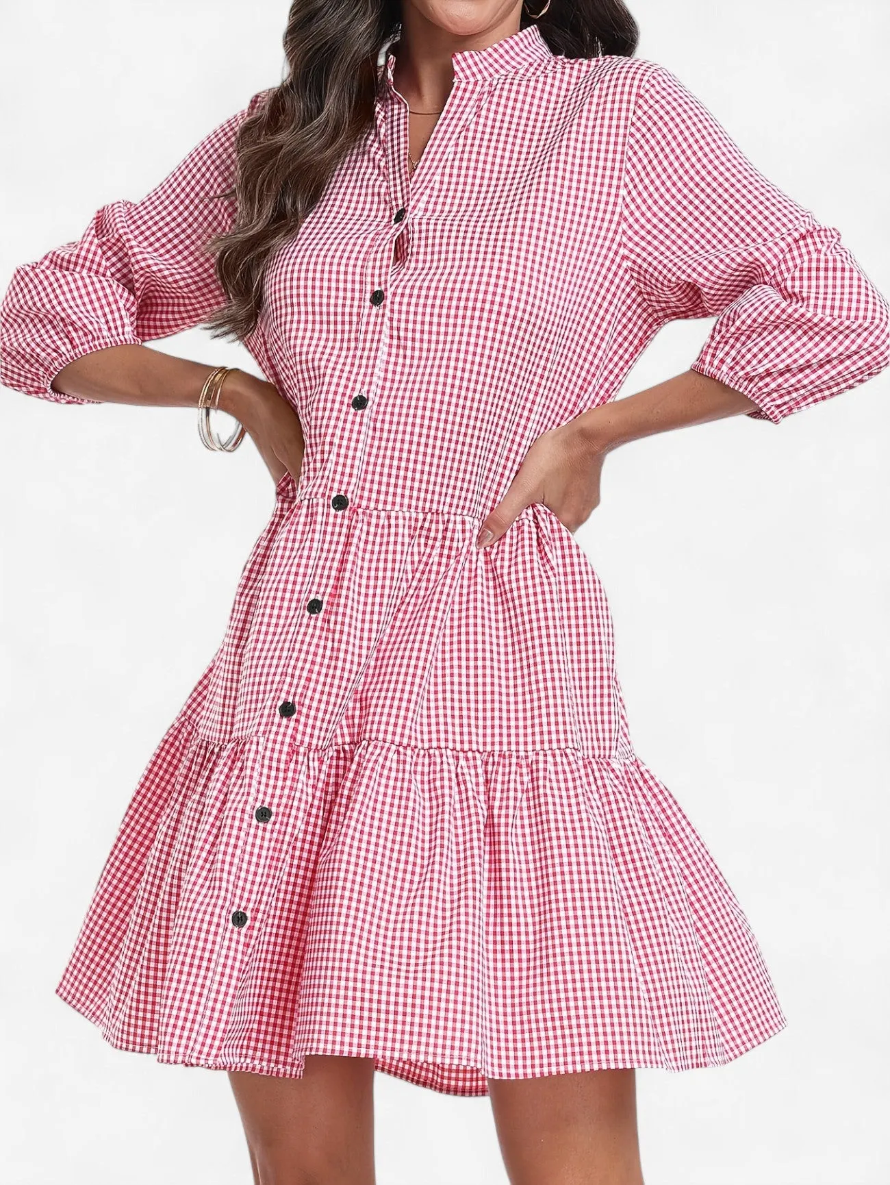 Jada | Women's 3/4 Sleeve Gingham Button Down Shirt Dress