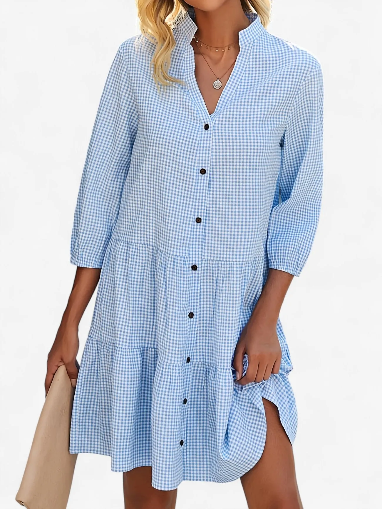 Jada | Women's 3/4 Sleeve Gingham Button Down Shirt Dress
