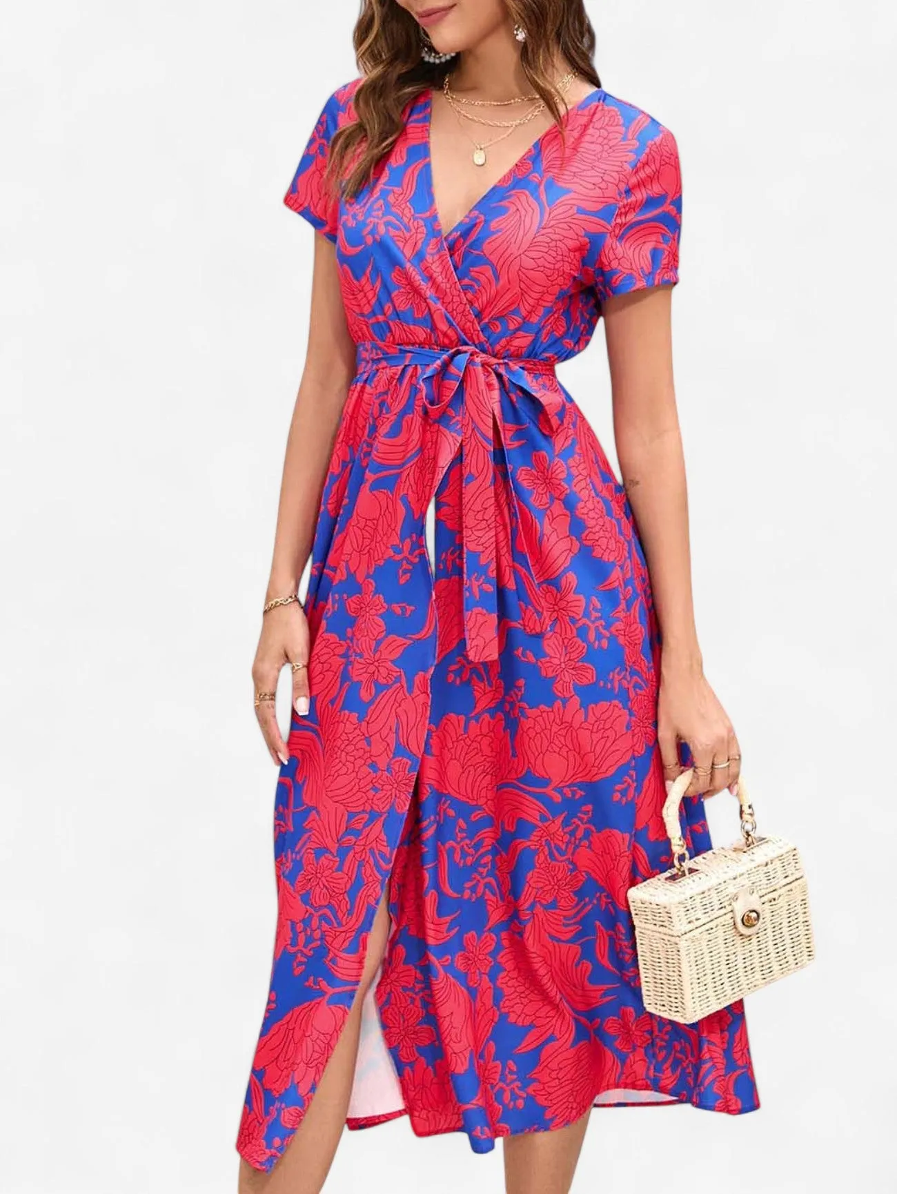 Jada | Women's Boho Wrap V-Neck Midi Dress with Slit