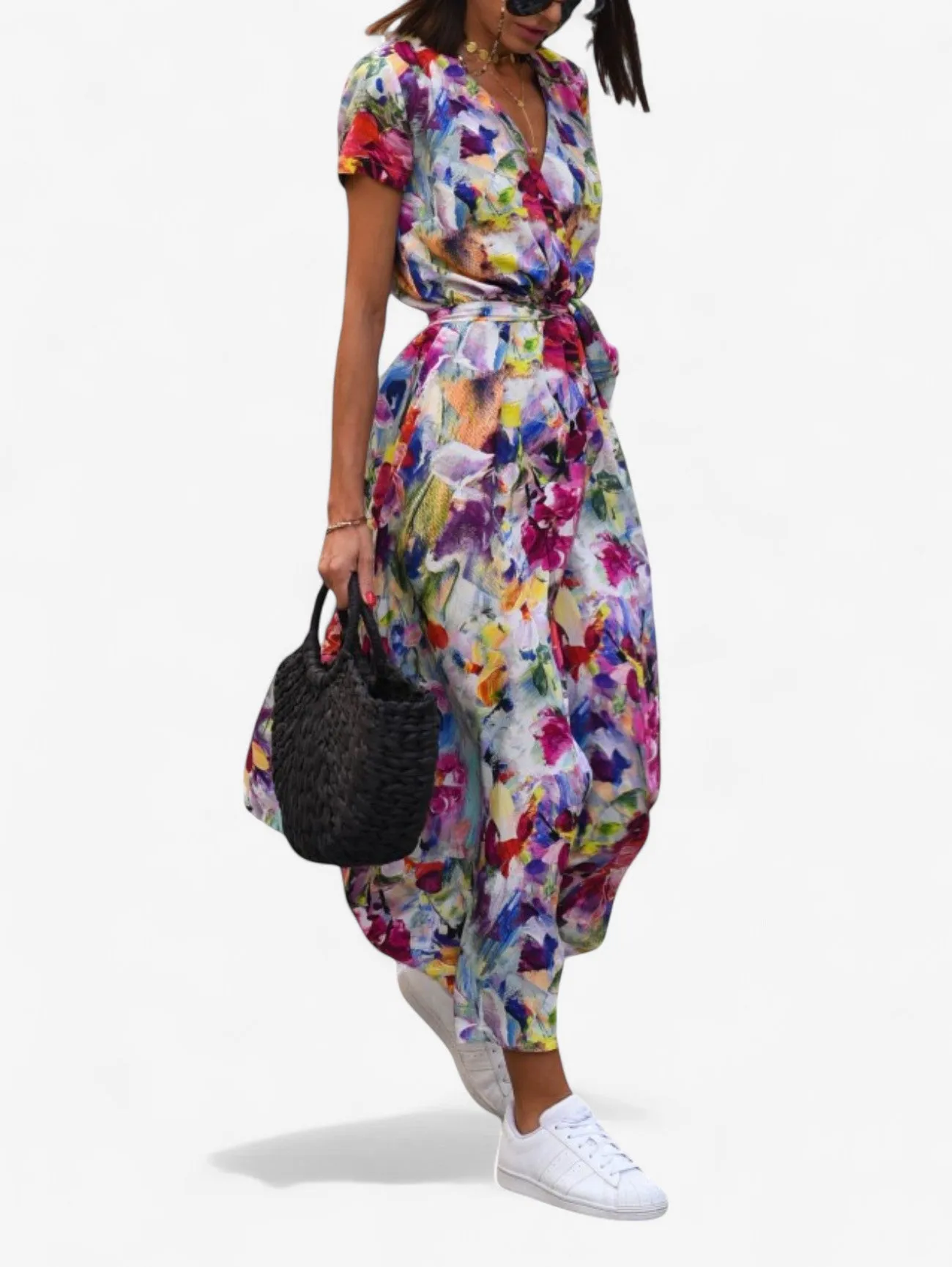 Jada | Women's Boho Wrap V-Neck Midi Dress with Slit