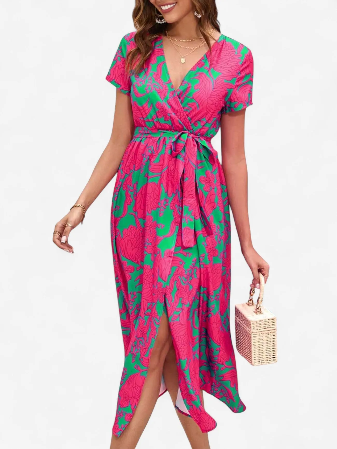 Jada | Women's Boho Wrap V-Neck Midi Dress with Slit