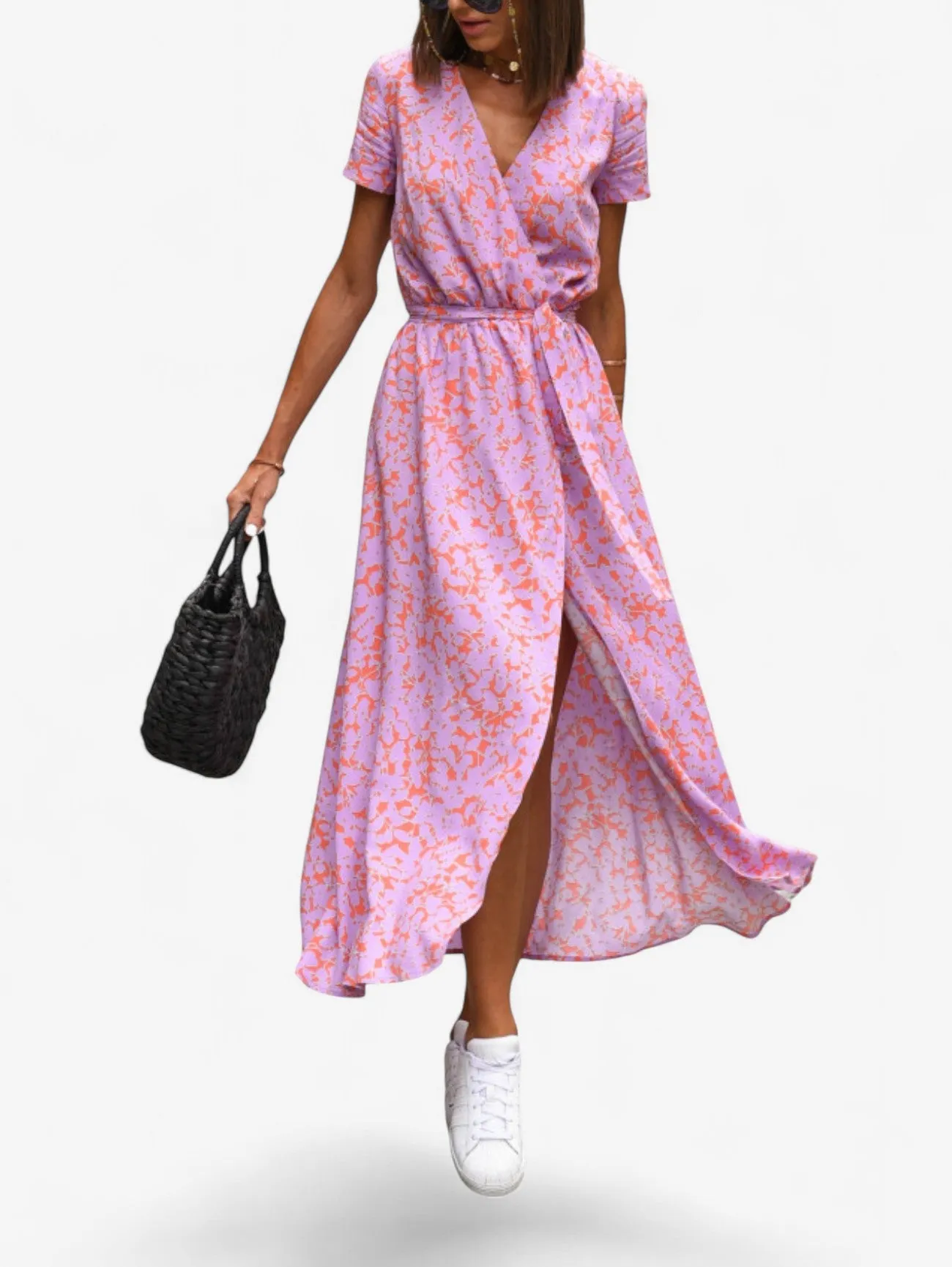 Jada | Women's Boho Wrap V-Neck Midi Dress with Slit