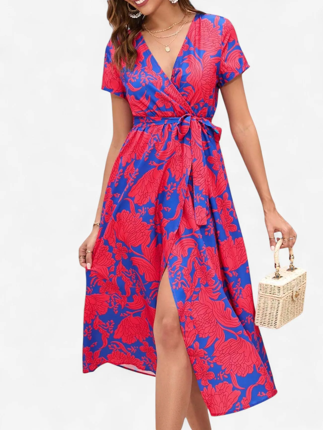 Jada | Women's Boho Wrap V-Neck Midi Dress with Slit