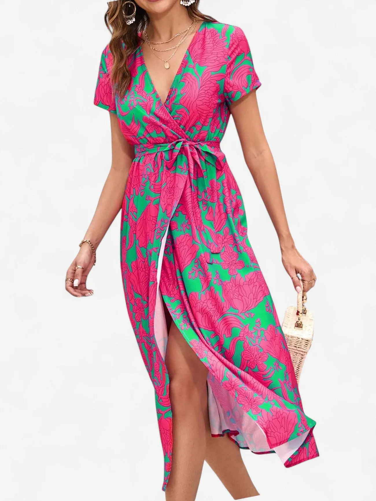 Jada | Women's Boho Wrap V-Neck Midi Dress with Slit