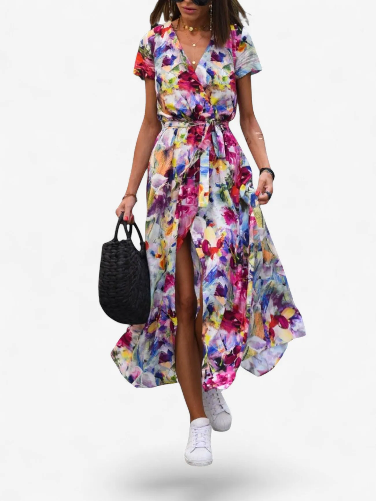 Jada | Women's Boho Wrap V-Neck Midi Dress with Slit