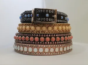 Joan 1" Collar - Black Leather - Blue Stones