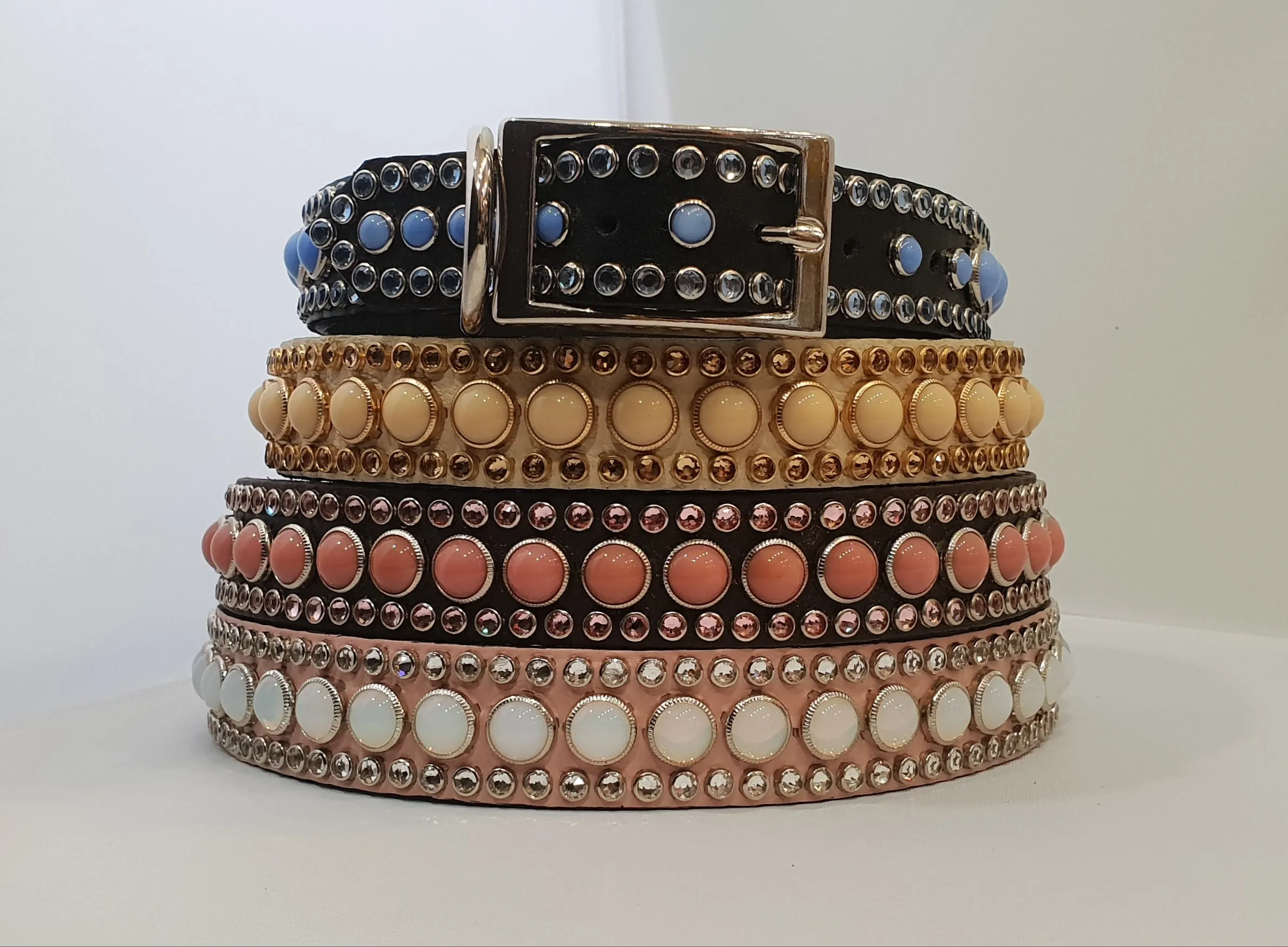 Joan 1" Collar - Black Leather - Blue Stones