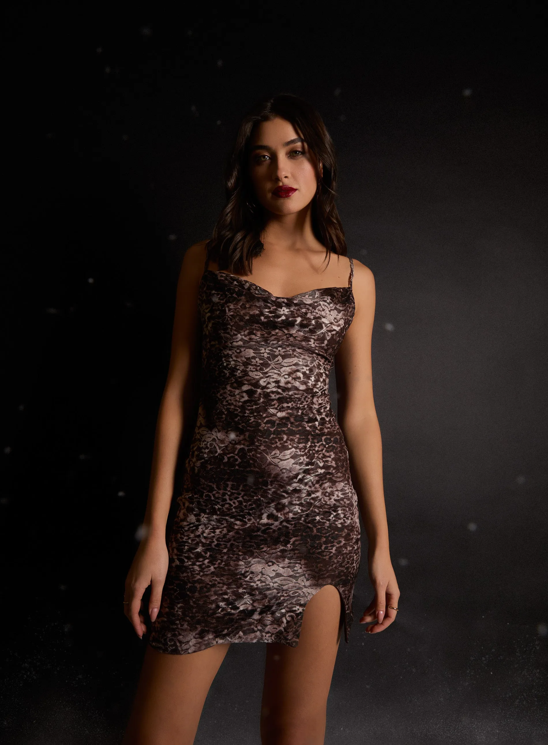 Leopard Lace Strappy Mini Dress With Side Slit