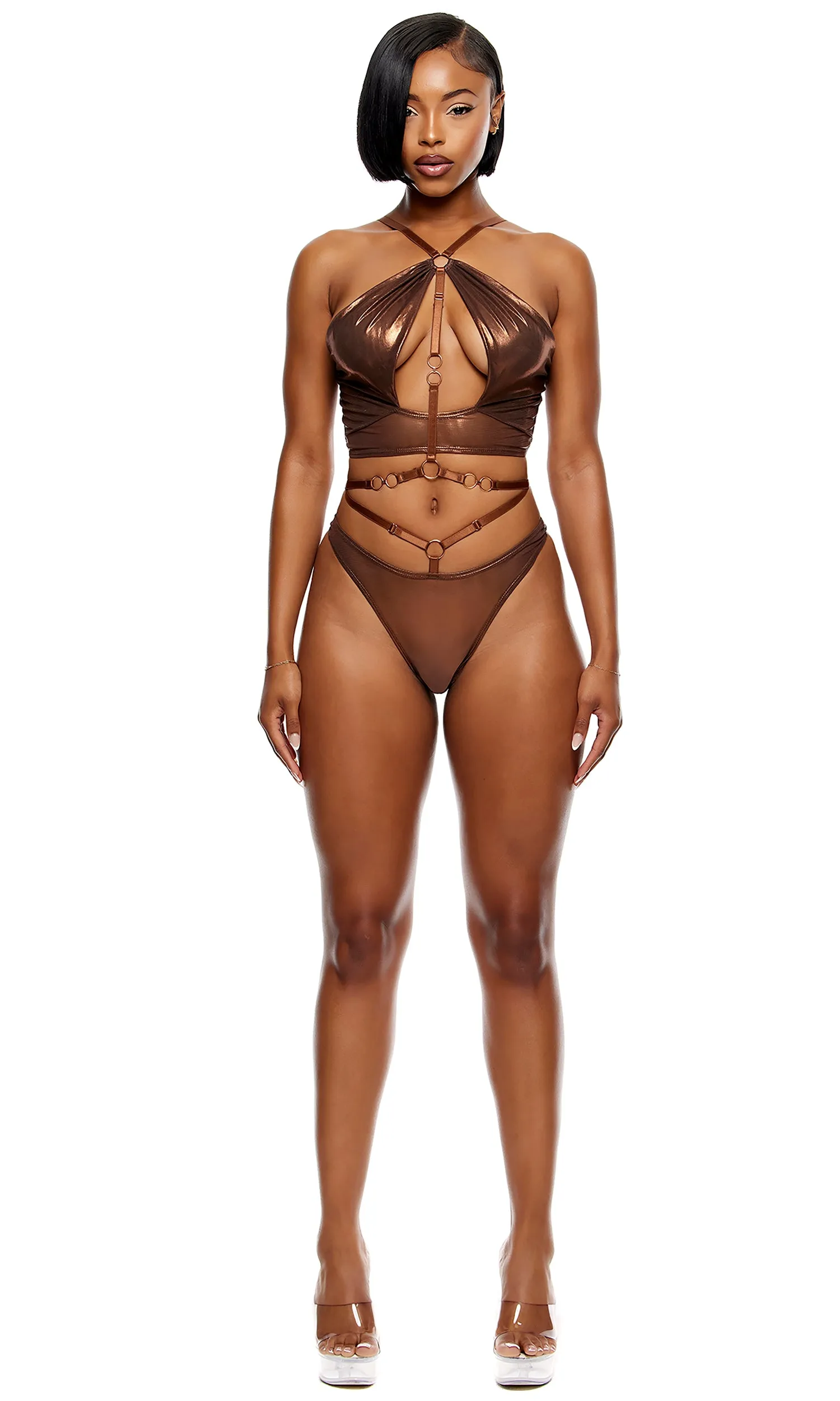 Liquid Metal Metallic Mesh Halterneck Bra Set
