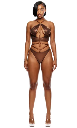 Liquid Metal Metallic Mesh Halterneck Bra Set