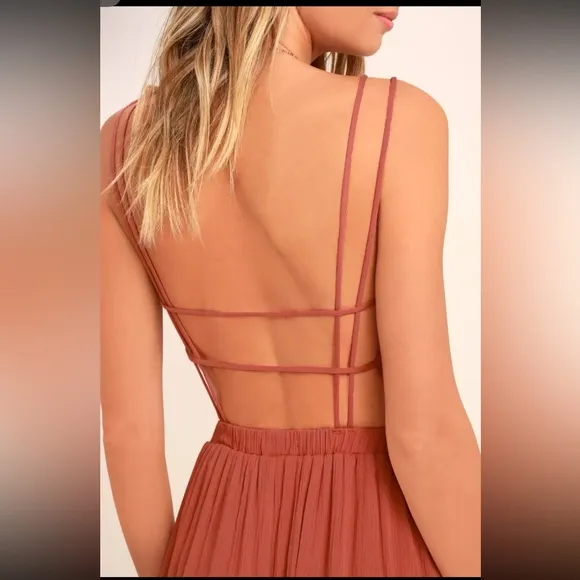 Lulus Lost in Paradise Rusty Rose Cut-outBack V-Neck Maxi Dress Open Back S