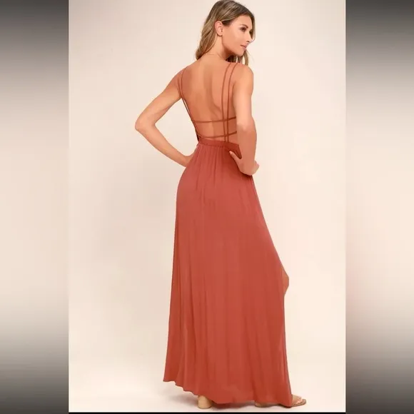 Lulus Lost in Paradise Rusty Rose Cut-outBack V-Neck Maxi Dress Open Back S