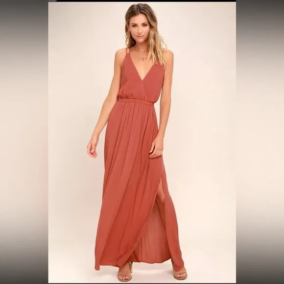 Lulus Lost in Paradise Rusty Rose Cut-outBack V-Neck Maxi Dress Open Back S