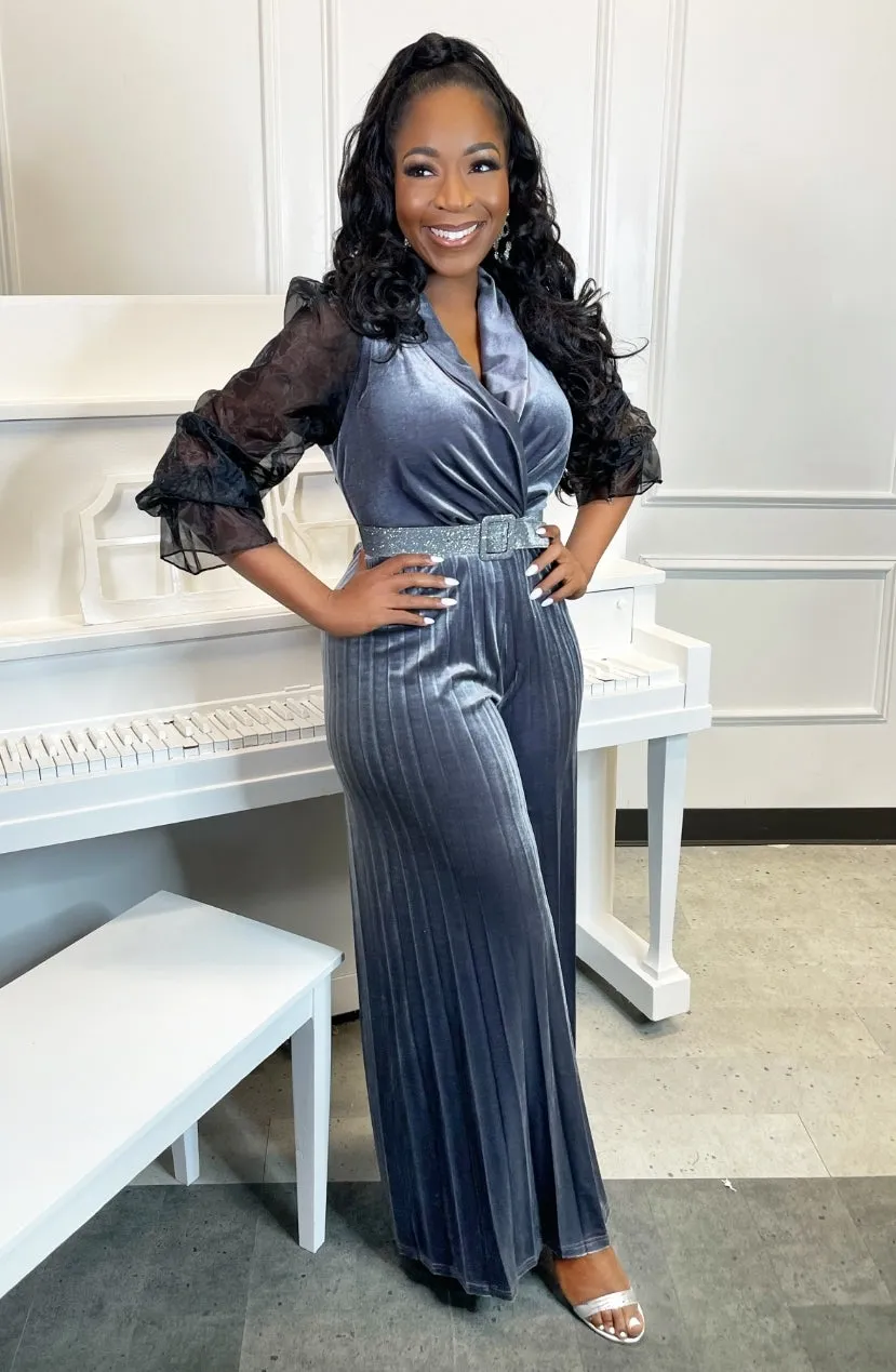 Monabella- Velvet Pleat Jumpsuit/Belt SET (NEW)