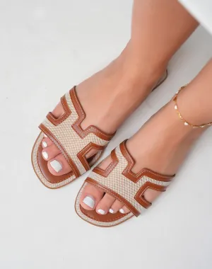 MULES MARRON BI-MATIÈRE ET FORME EN H