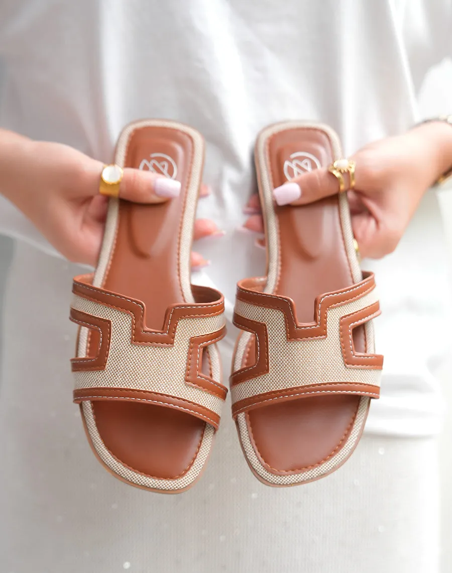 MULES MARRON BI-MATIÈRE ET FORME EN H