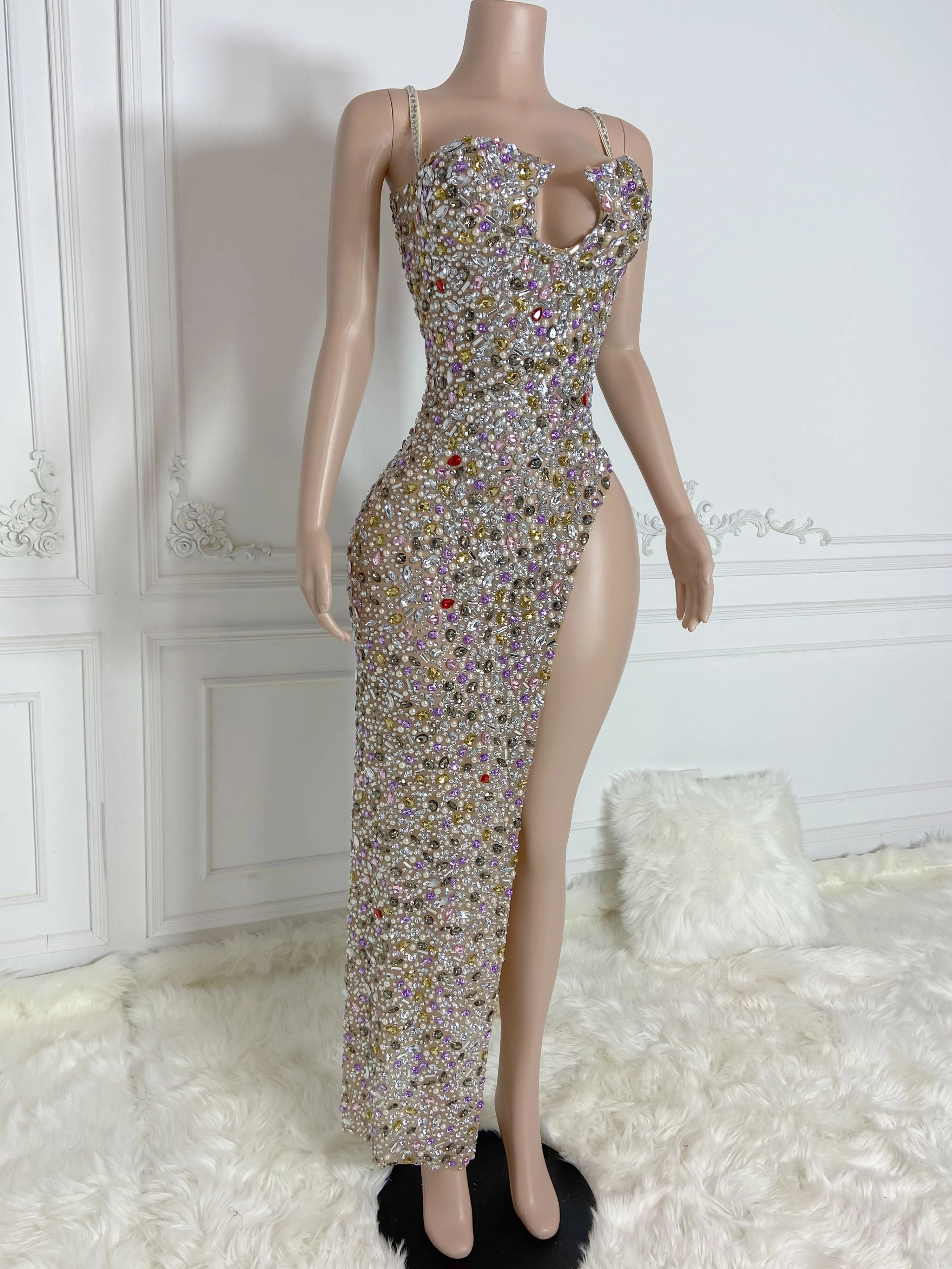 Multi Stretchy Mesh with Full Diamond Long Dress
