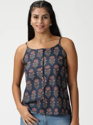 Navy Blue Dahlia Print Button-Down Strappy Top