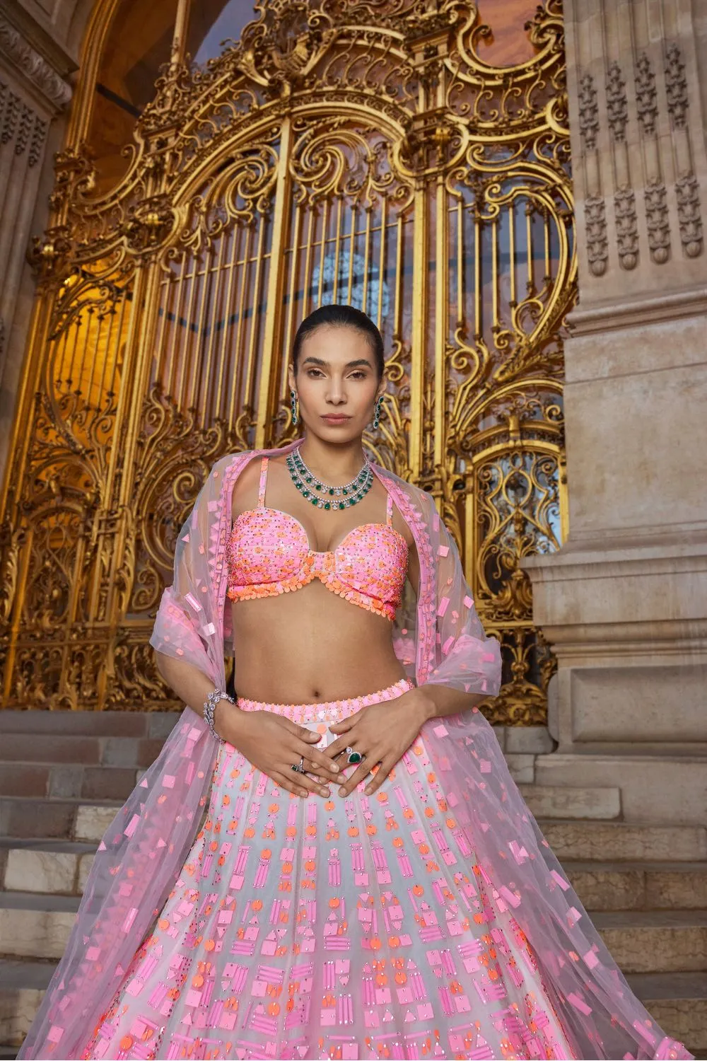 Neon Peach Pink Sequin Lehenga Set
