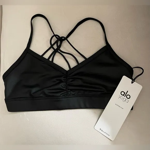 NWT  Alo Yoga Sunny Strappy Bra Black  Glossy Size S