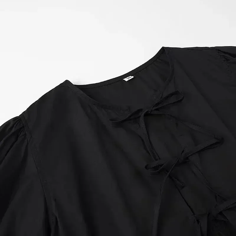 Obsidian Phoenix Women's Chic Lace-Up Blouse - Fashion Solid Hollow Out O-Neck Short Sleeve Casual Streetwear Top