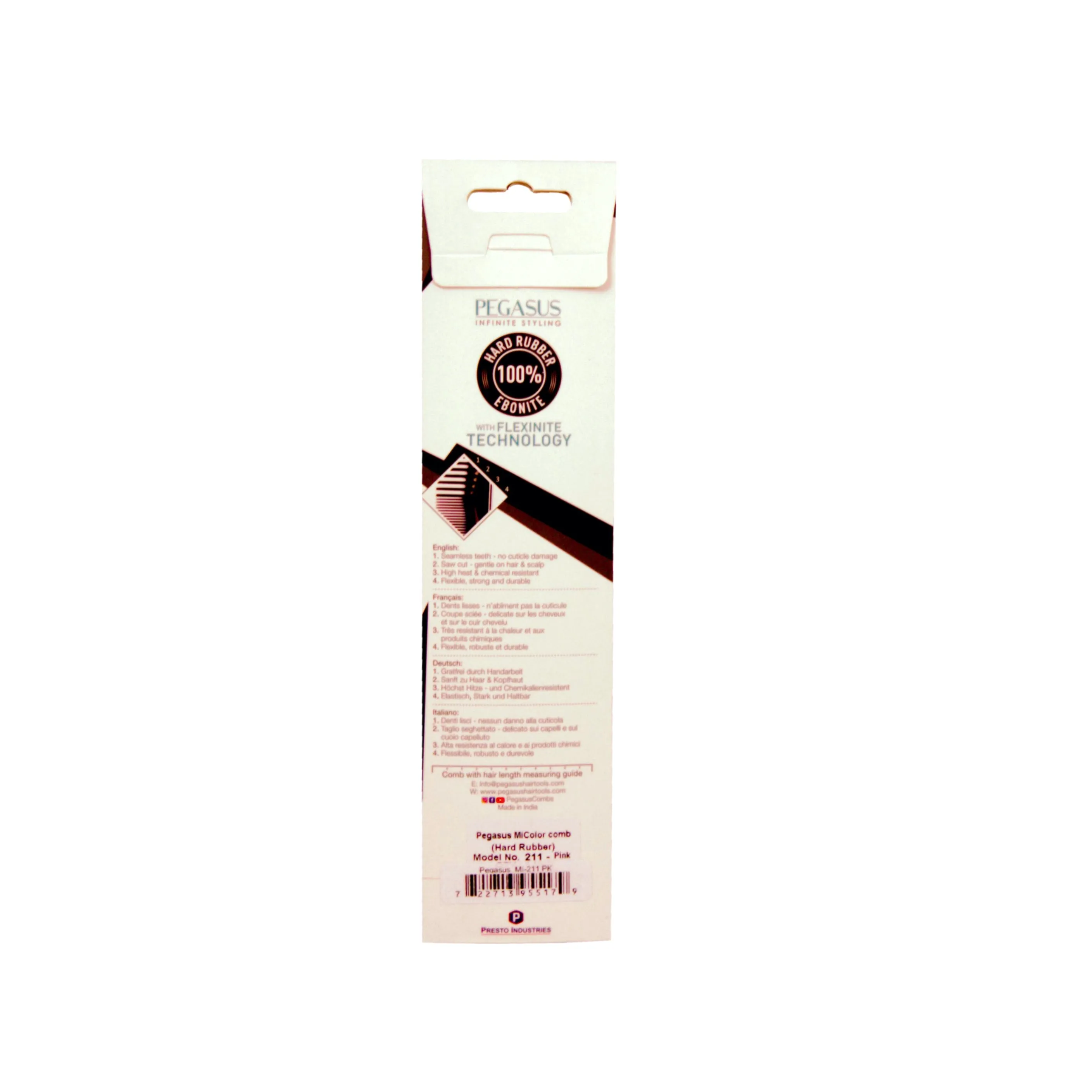 Pegasus MICOLOR 211, 9in Hard Rubber Cutting Comb With Sectioning Tooth, Anti Static, Heat and Chemically Resistant, Wet Hair, Everyday Grooming Comb | Peines de goma dura - Pink