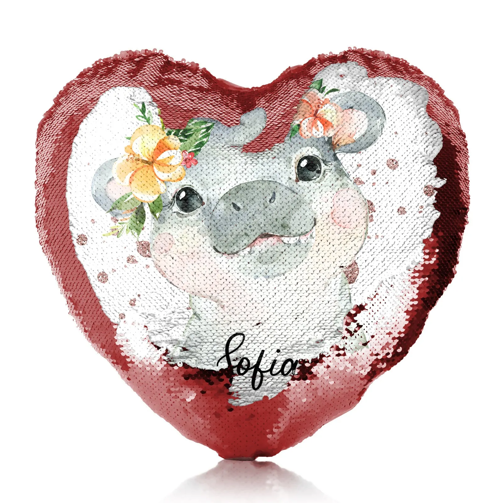 Personalised Sequin Heart Cushion with Hippo Rain Drop Glitter Print and Cute Text
