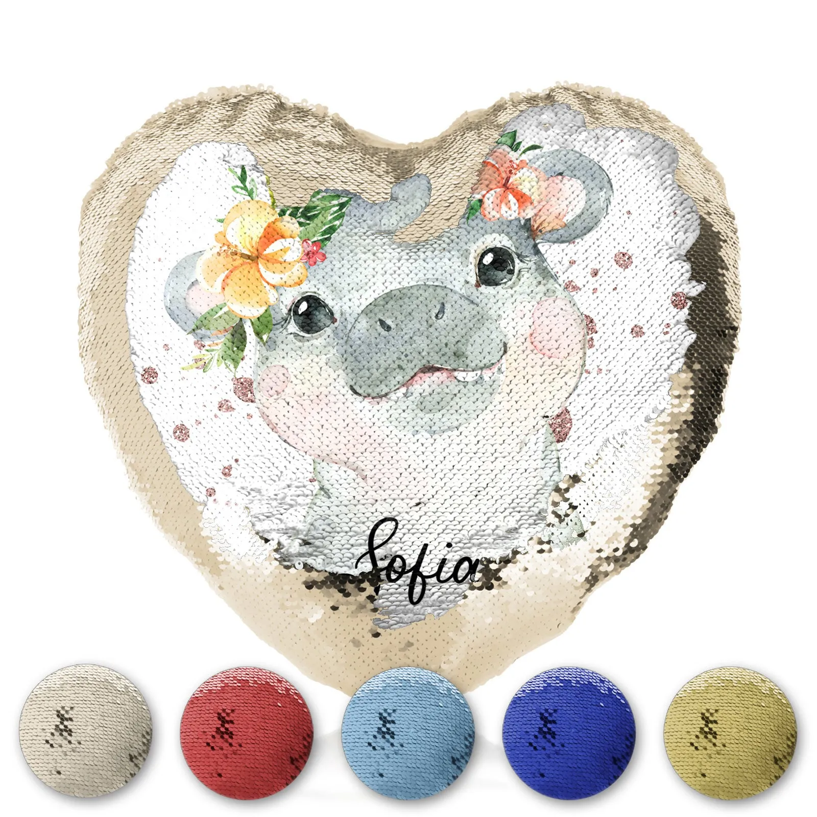 Personalised Sequin Heart Cushion with Hippo Rain Drop Glitter Print and Cute Text