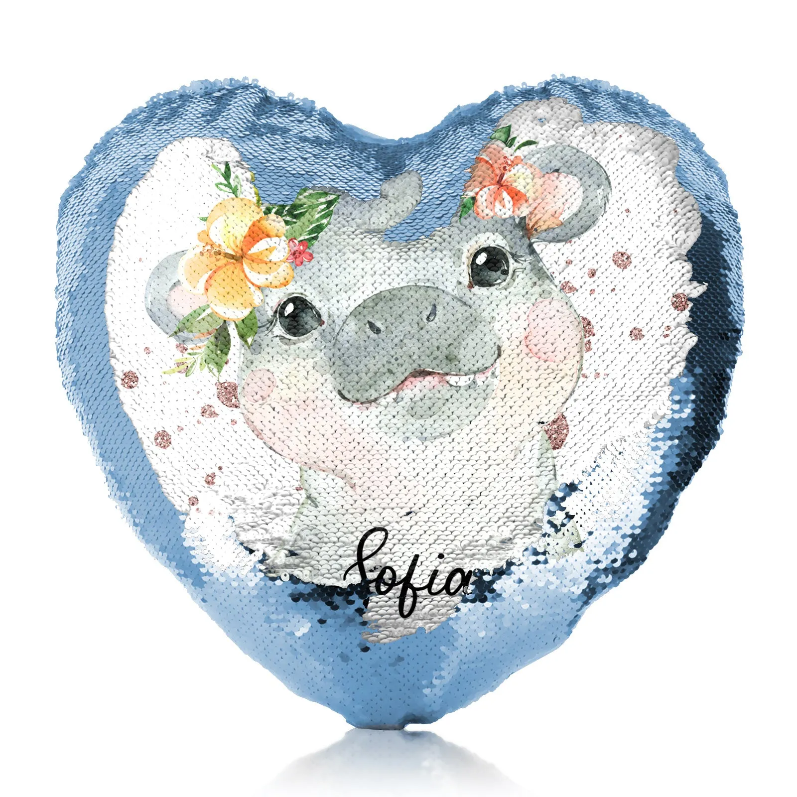 Personalised Sequin Heart Cushion with Hippo Rain Drop Glitter Print and Cute Text
