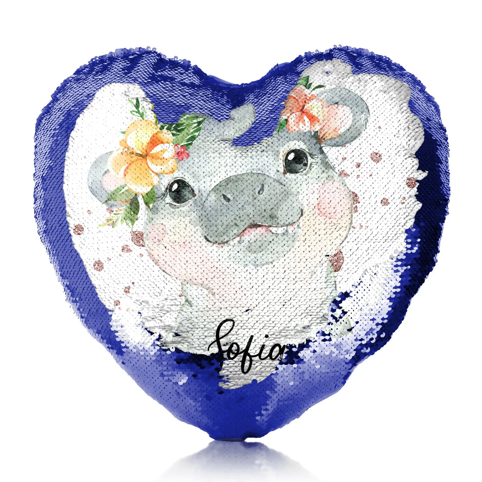 Personalised Sequin Heart Cushion with Hippo Rain Drop Glitter Print and Cute Text