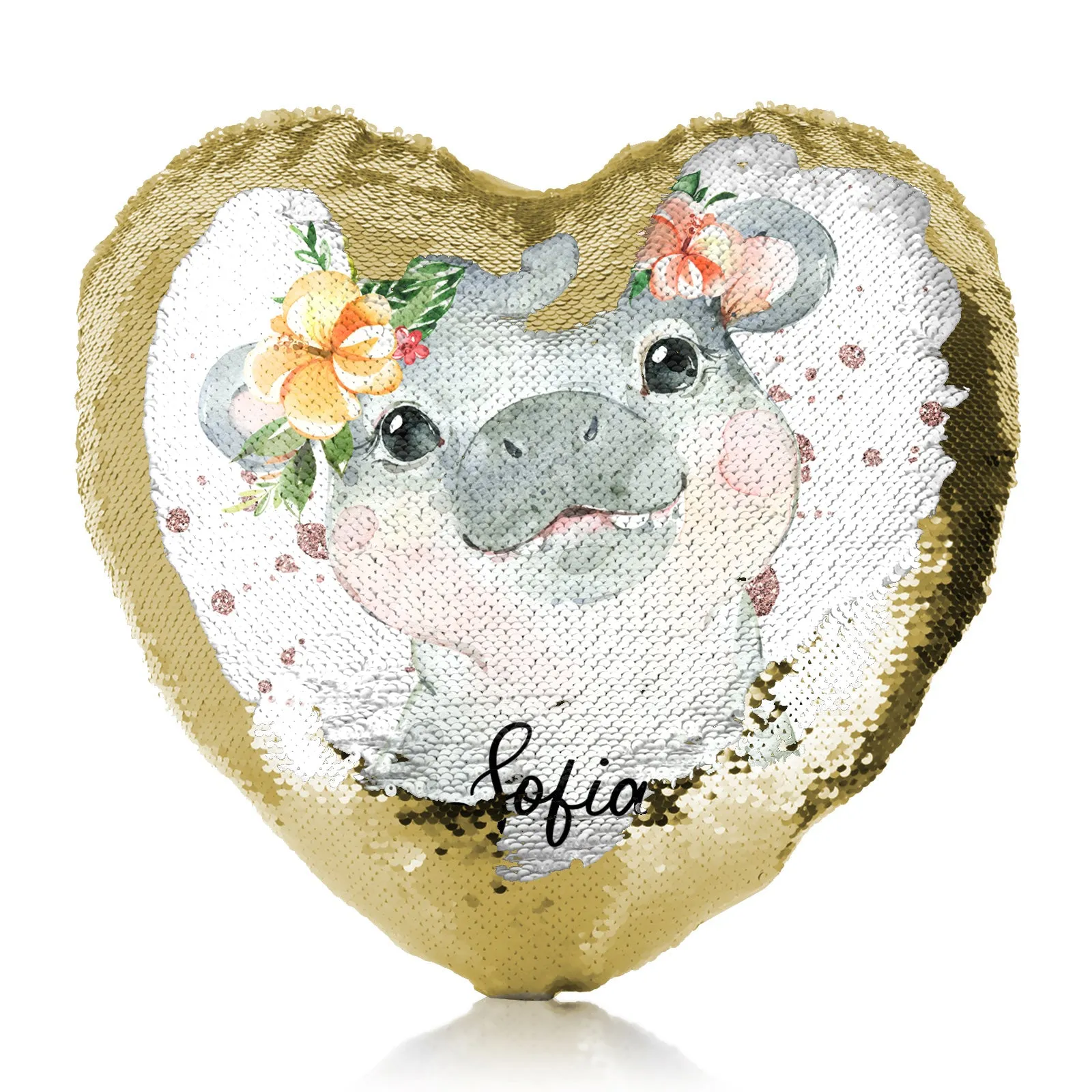 Personalised Sequin Heart Cushion with Hippo Rain Drop Glitter Print and Cute Text