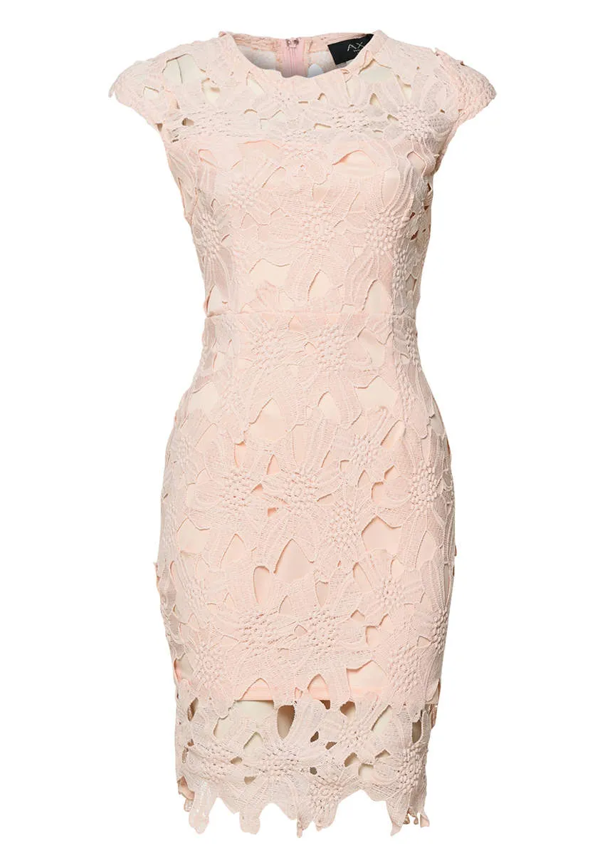 Pink Capped Crochet Dress with Short Sleeves