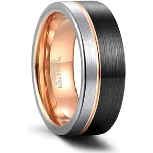 Portland Rose Gold Plated Grooved Tritone Men's Tungsten carbide Ring - 8mm
