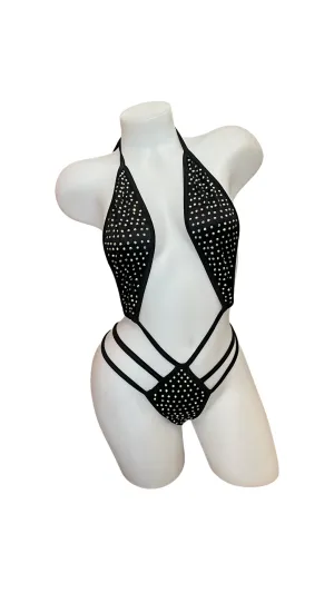 Rhinestone Strappy One Piece Black