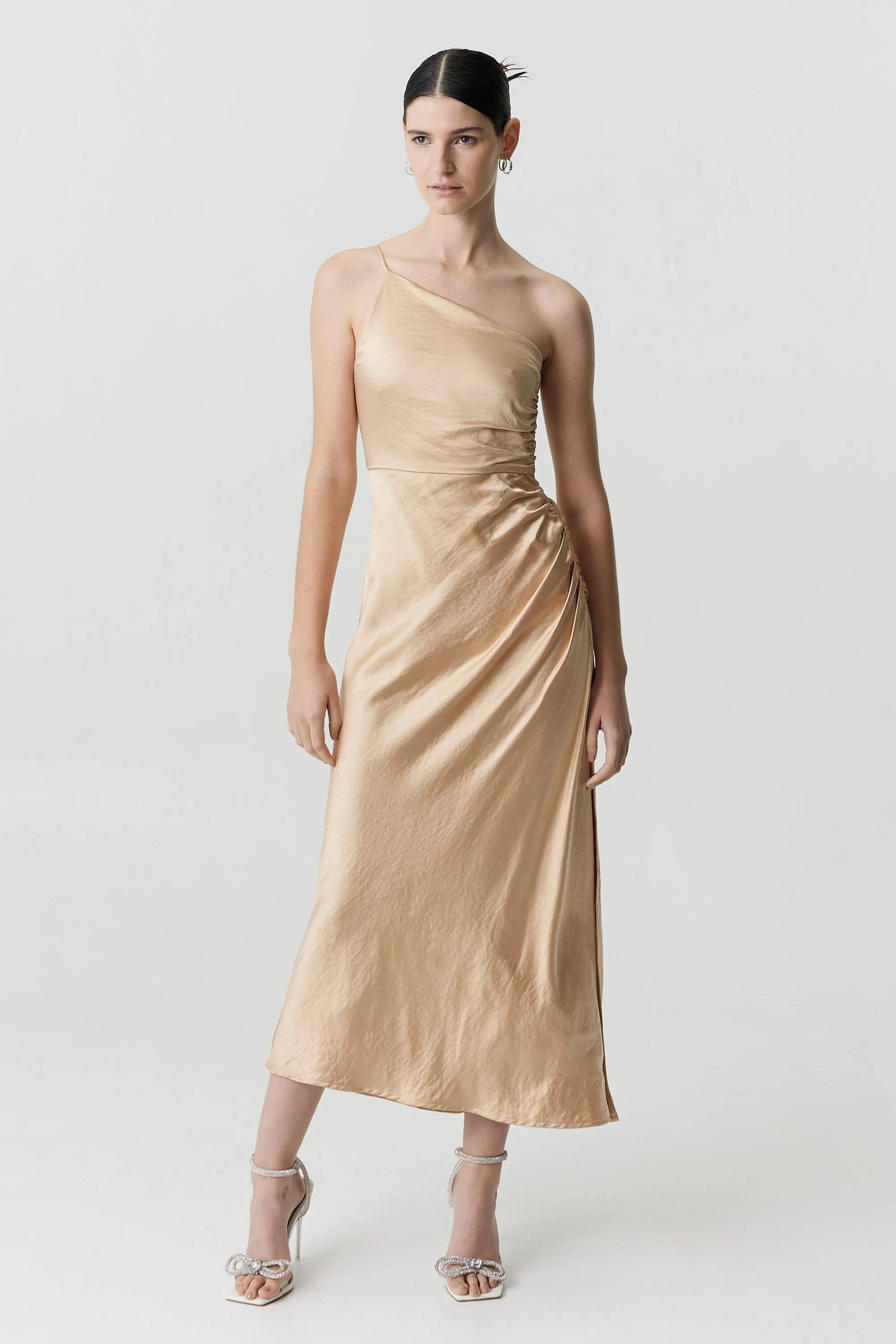 SATIN GATHER ONE SHOULDER DRESS | SAND