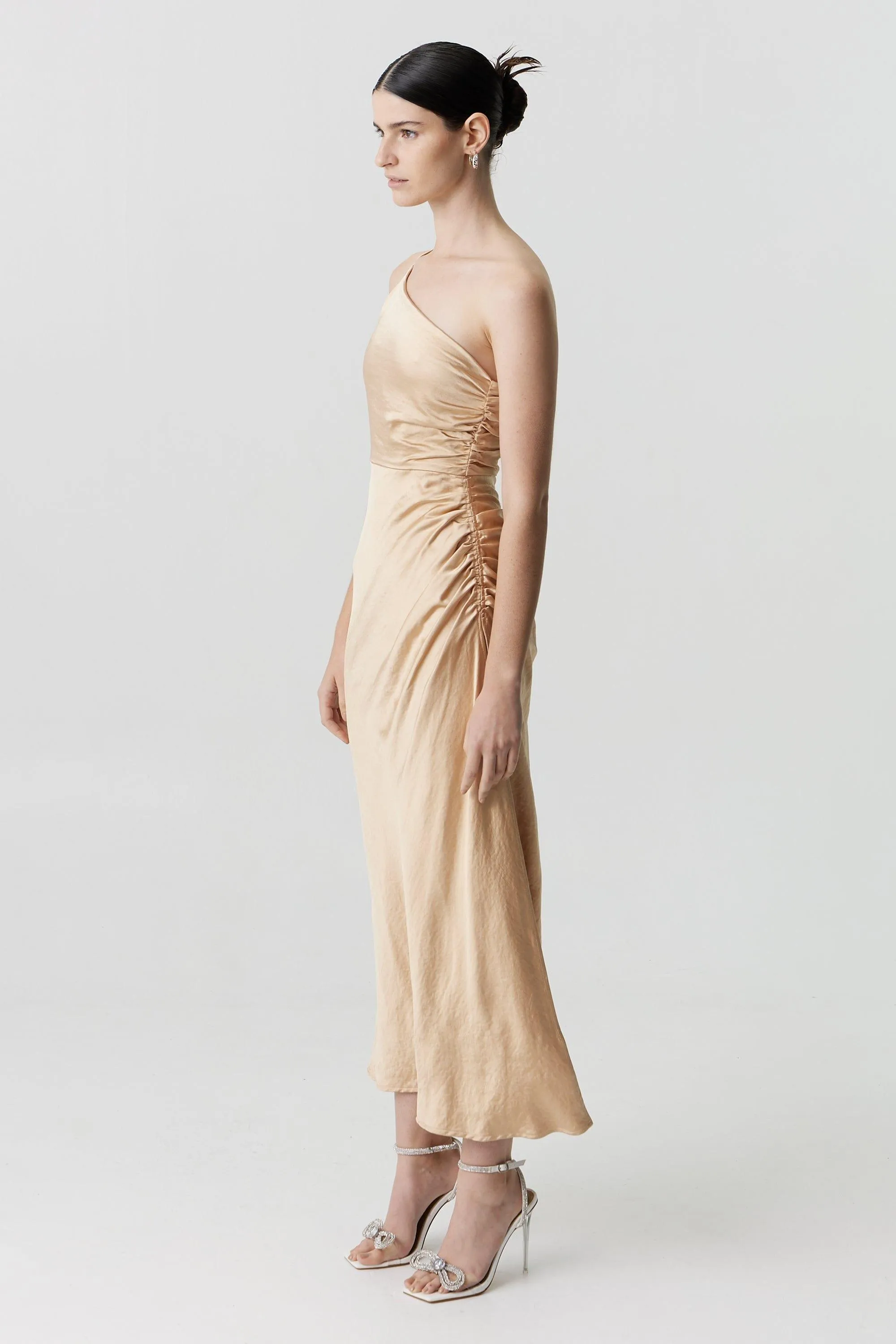 SATIN GATHER ONE SHOULDER DRESS | SAND